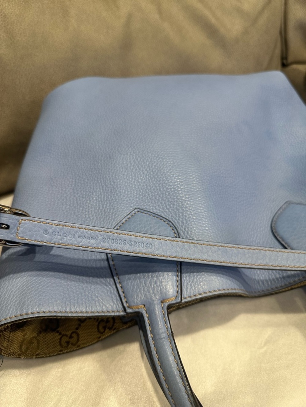 Gucci Beige GG Canvas Tote with Light Blue Leather Trim - Picture 9 of 12